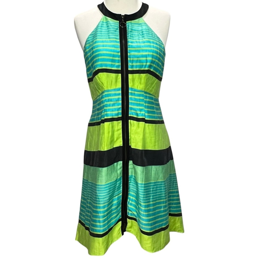 Nanette Lepore Bogatell Dress 2 Green Blue Linen Blend Stripe Feminine Chic ASO‎
